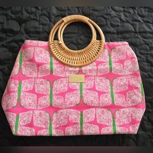 Lilly Pulitzer Pink Green Butterfly Canvas Tote Bamboo Rattan Ring Handle NWOT